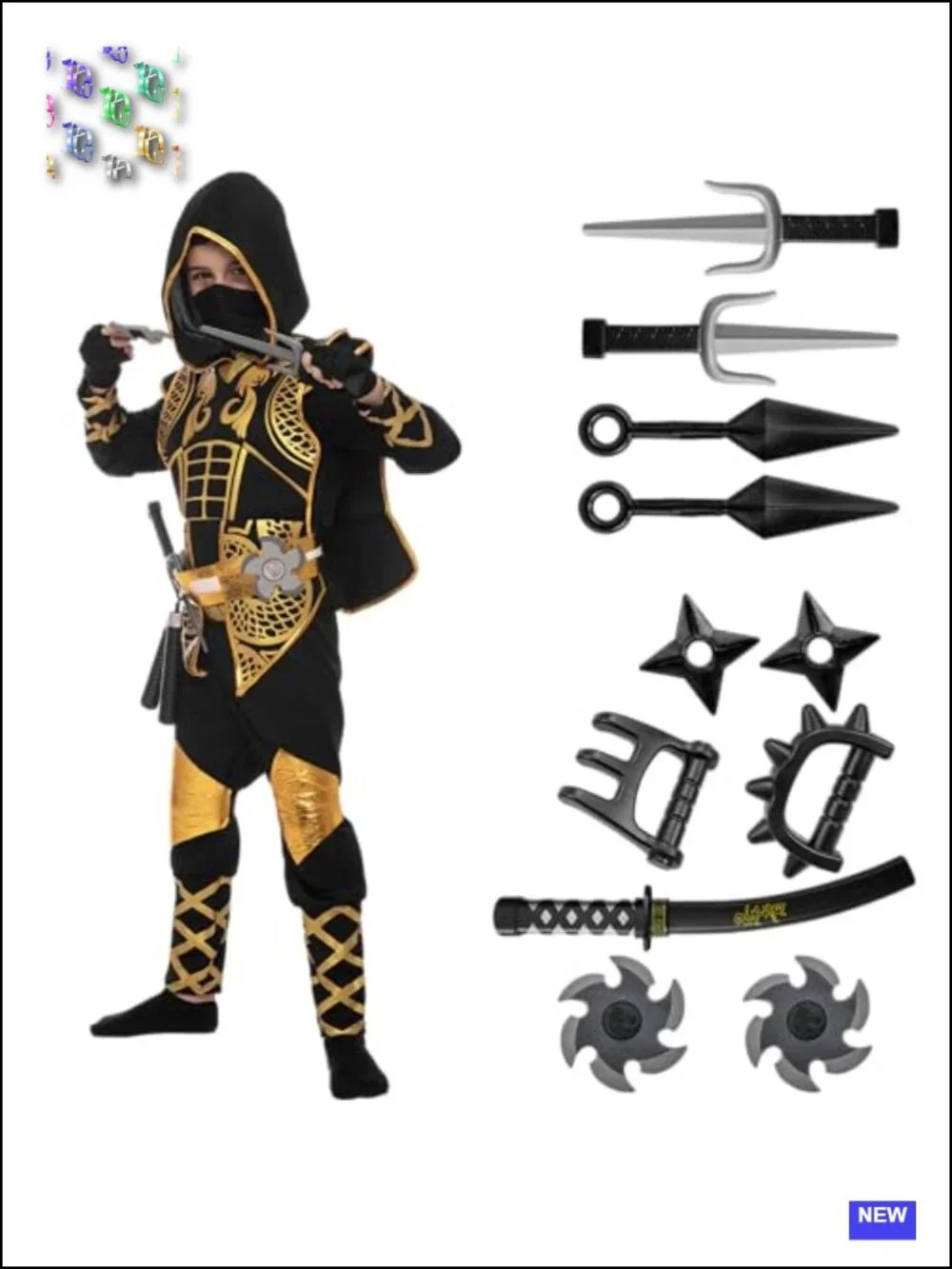 Golden Ninja Costume Set for Boys, Jumpsuit with Foam Accessories, Halloween